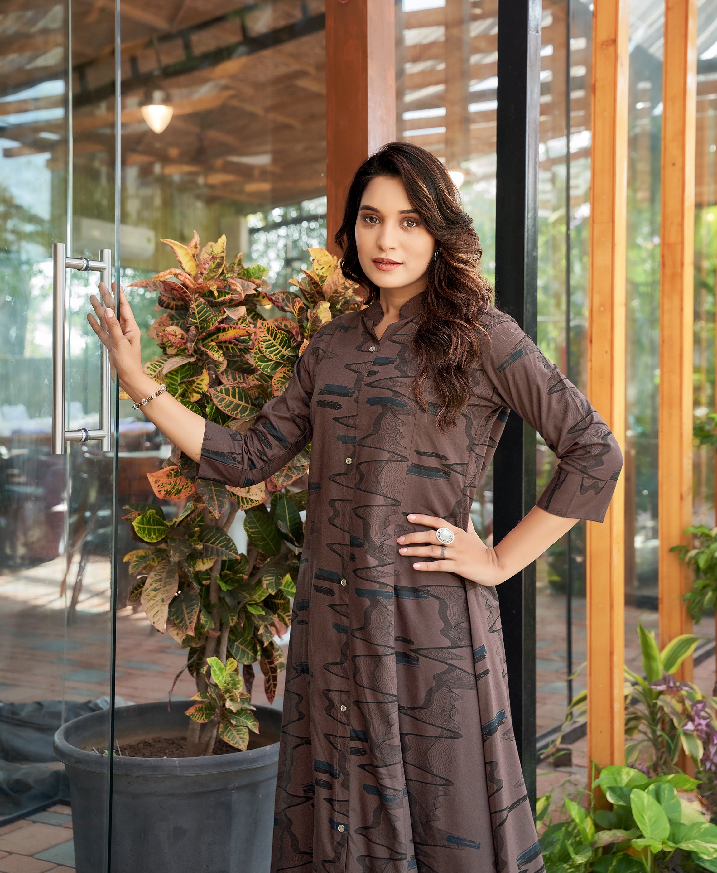 Brown Rayon Blend Abstract Printed Co-ord Set